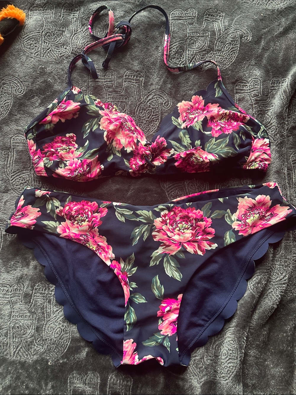 Floral Scallop Edge Navy & Pink Bikini Set L/XL